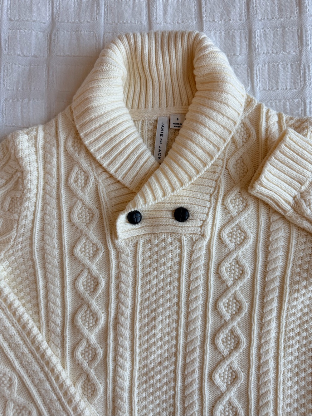 Janie and Jack Sharin Ivory Cable Knit Shawl Collar Sweater Youth Size 6 Holiday